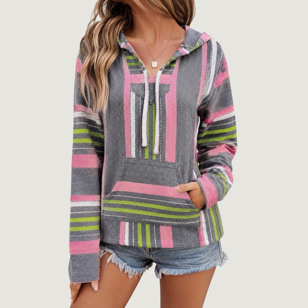 Striped Hooded Pullover Sweatshirt in Gray & Pink